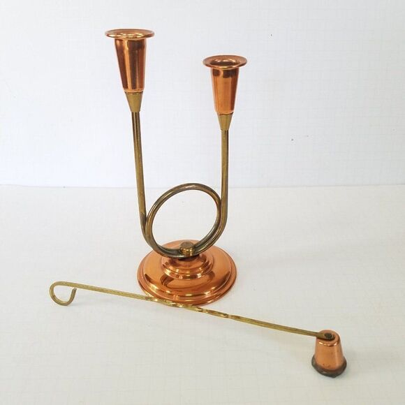 Vintage Coppercraft Guild Double Taper 10" Candle Holder Copper Brass & Snuffer - Picture 1 of 9